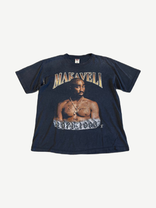 Vintage Tupac Makaveli faded black memorial tee front with portrait and 1971 to 1996 gothic dates