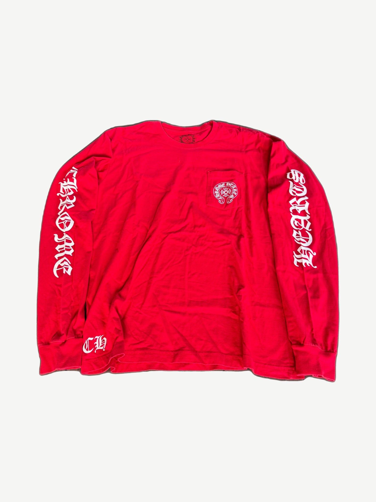 Chrome Hearts red Horseshoe Logo longsleeve tee front with white gothic lettering sleeve print
