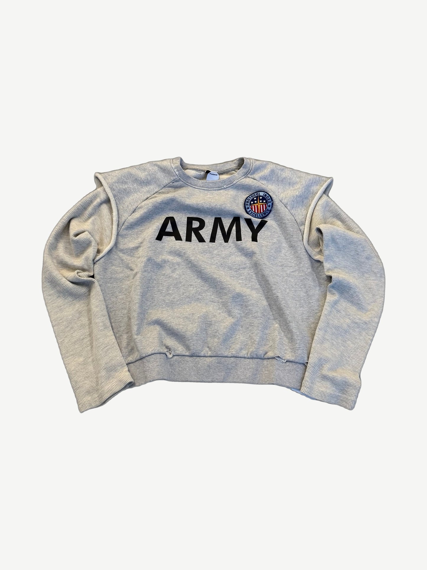 Protocol Index melange grey thermal jersey with ARMY chest print, shield patch and layered crewneck