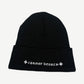 Reverse of Chrome Hearts black beanie showing Chrome Hearts script and dagger logos embroidered on cuff