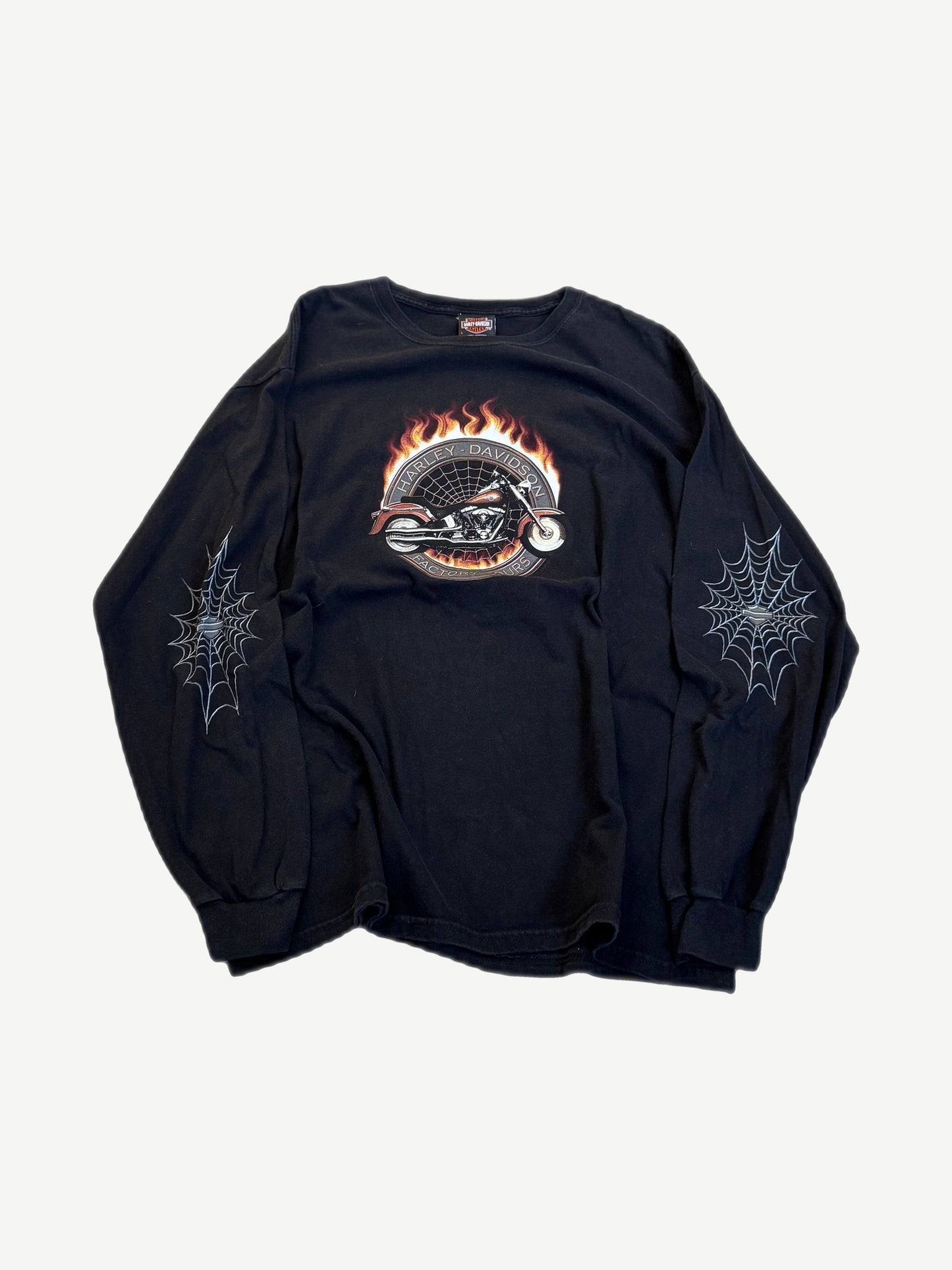 Vintage black Harley-Davidson Factory Tours longsleeve with flames motorcycle graphic and sleeve webs