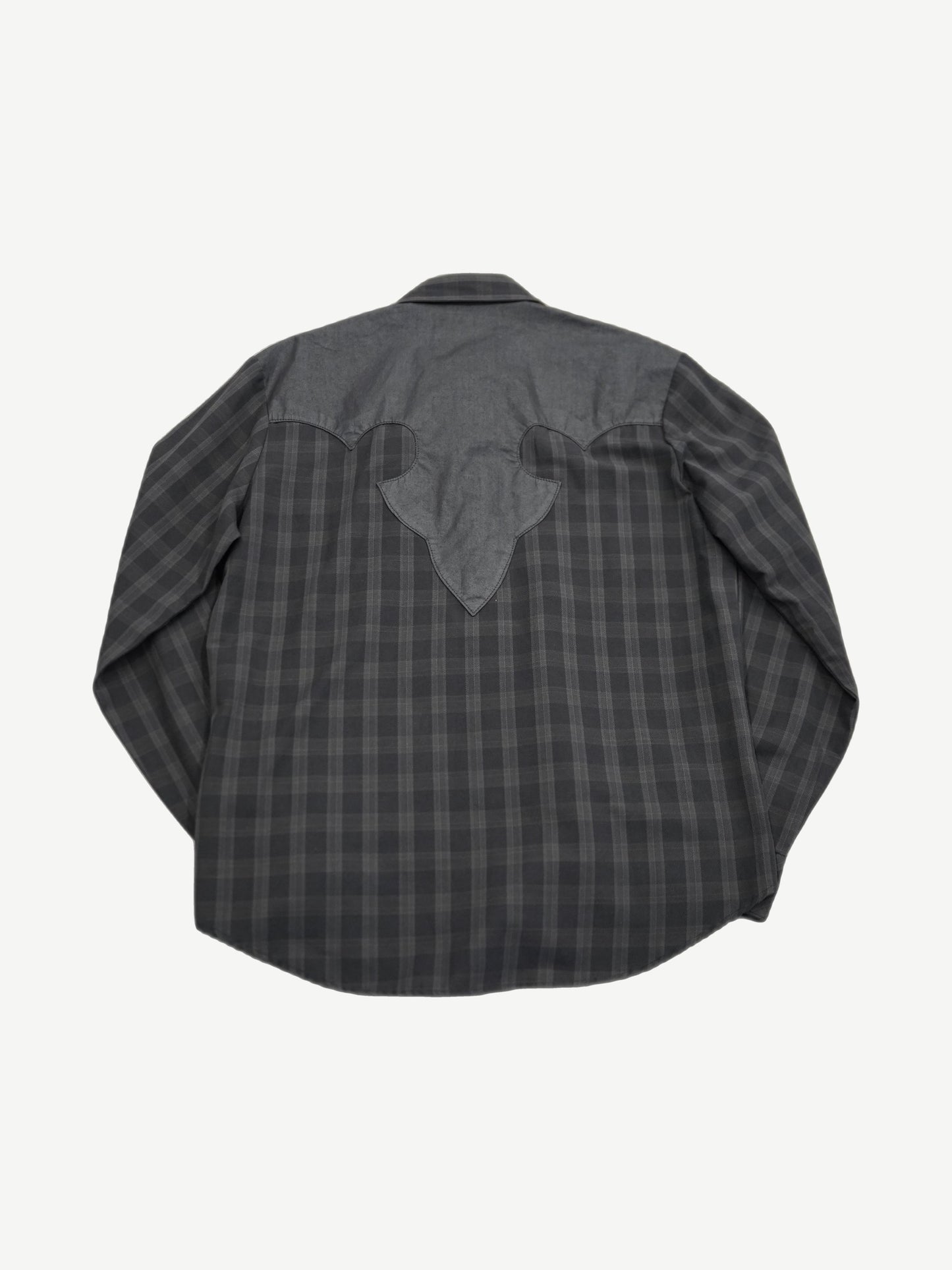 Chrome Hearts plaid flannel shirt back view with leather western yoke and pointed back panel