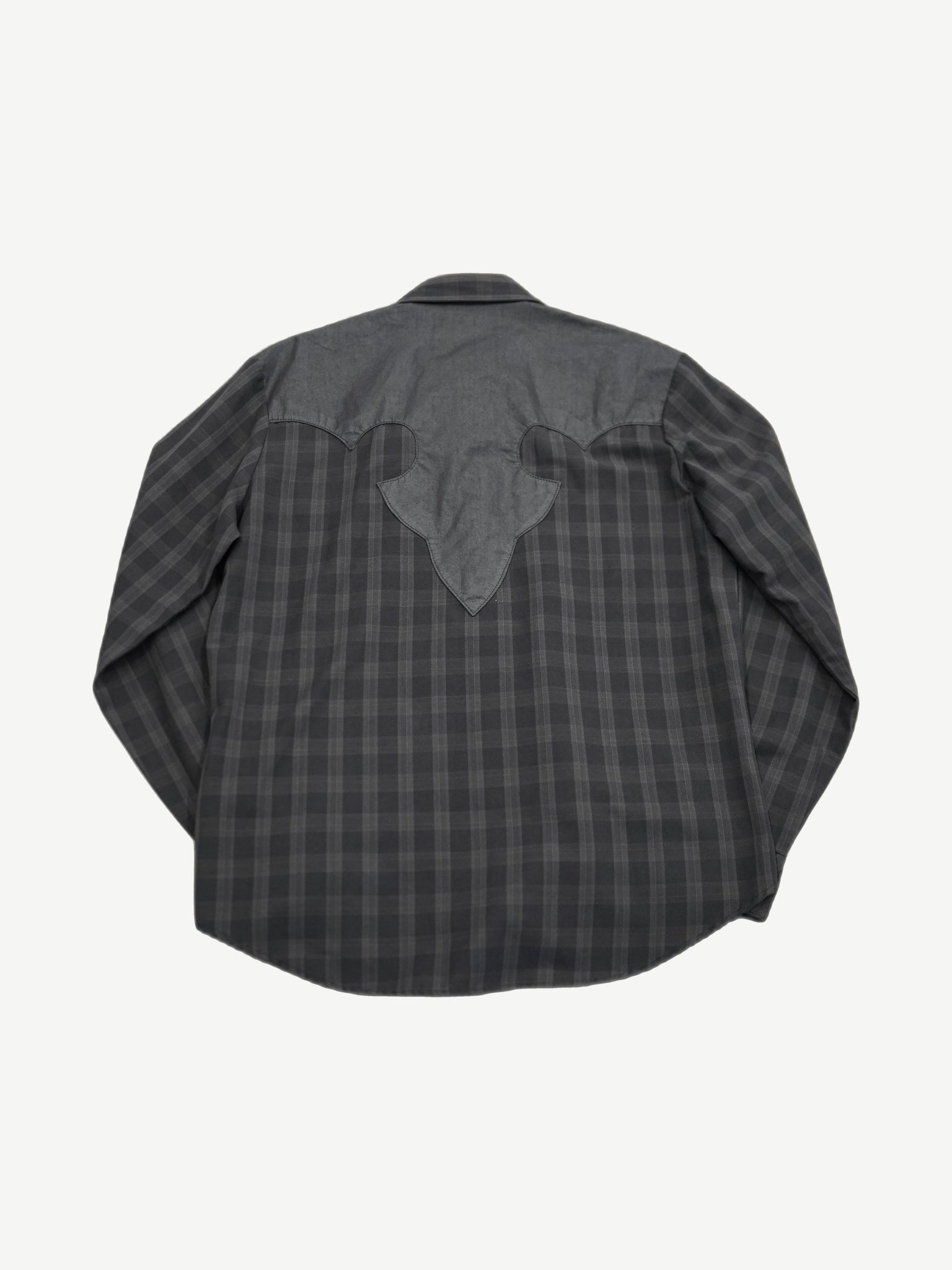 Chrome Hearts plaid flannel shirt back view with leather western yoke and pointed back panel