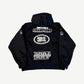Supreme black football zip hoodie back view with Champions and World Famous racing patches.