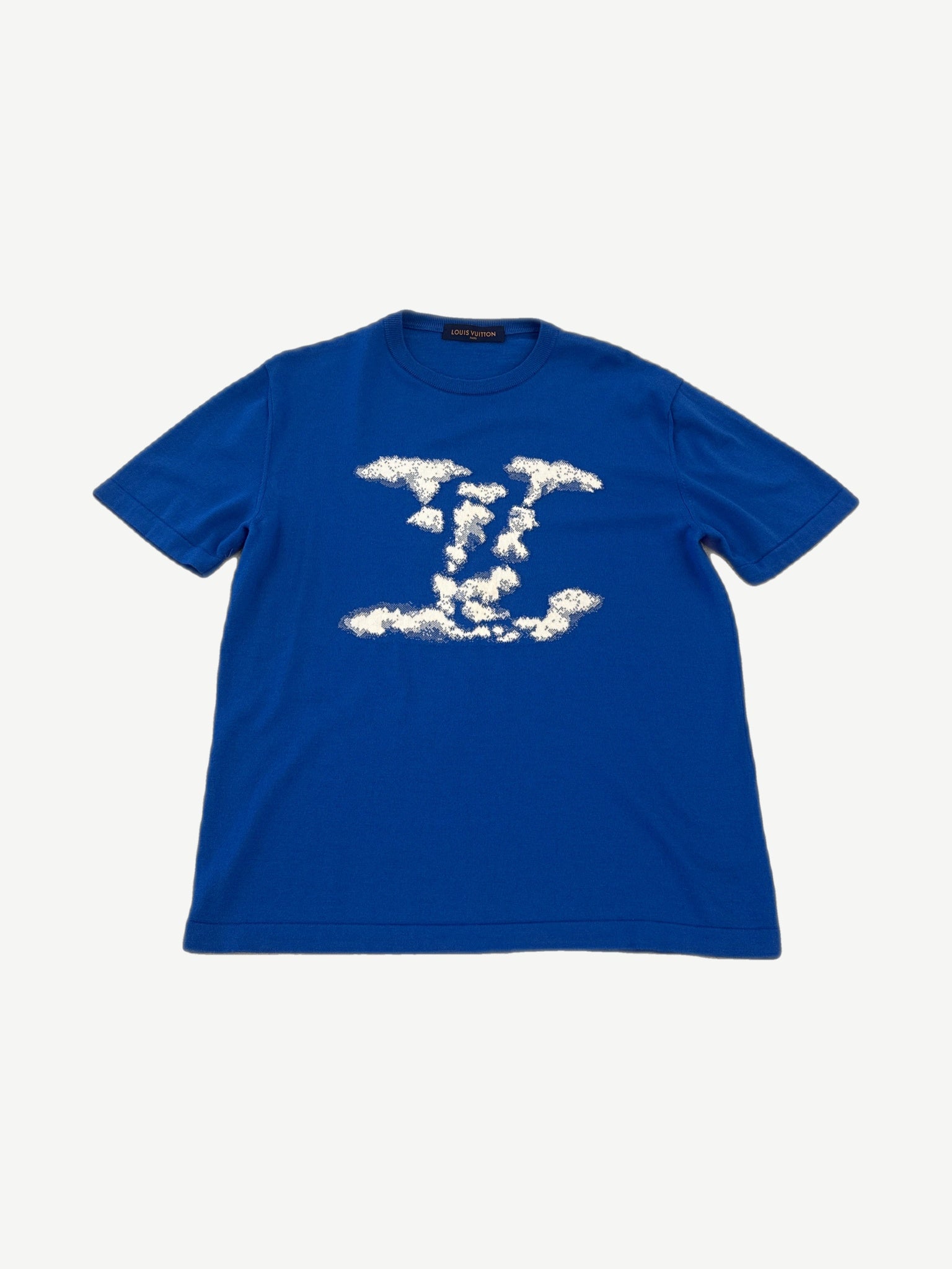 Louis Vuitton royal blue jacquard knit tee with pixelated white cloud LV monogram on chest