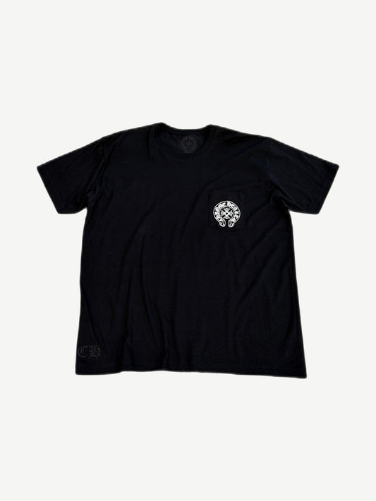 Chrome Hearts black Las Vegas pocket tee front with horseshoe cross chest print and gothic CH hem