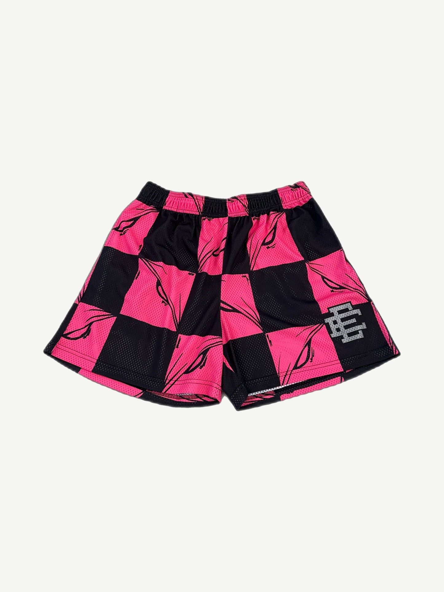 Matty Boy x Eric Emanuel F&F pink checkered mesh shorts front with side panel detail