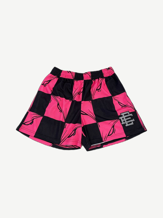 Matty Boy x Eric Emanuel F&F pink checkered mesh shorts front with side panel detail