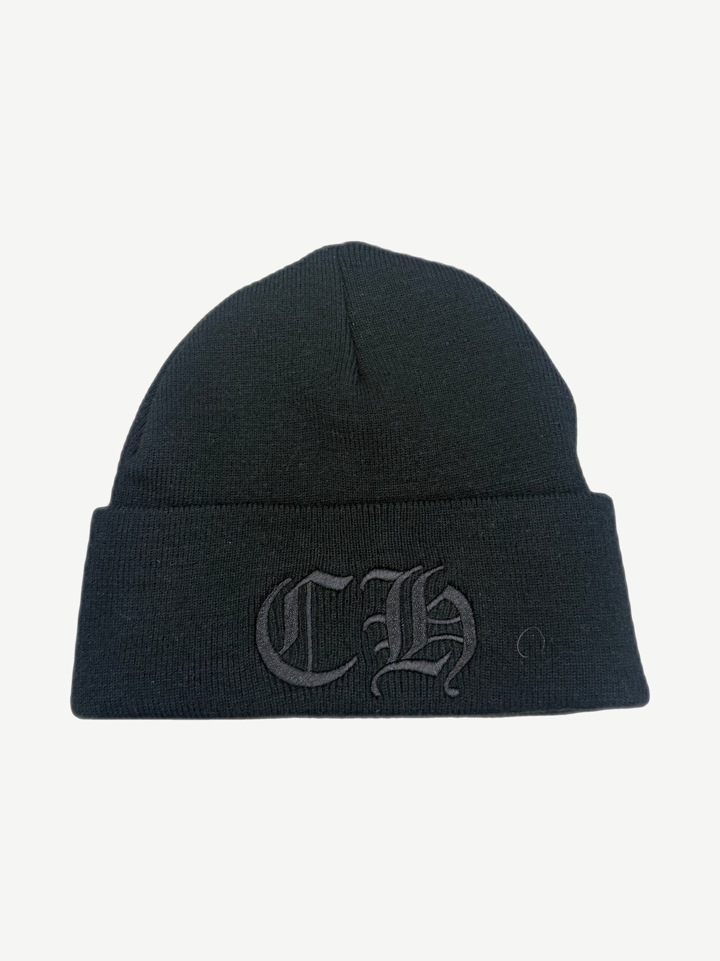 Chrome Hearts black knit cuffed beanie front view with tonal black gothic CH embroidered on the folded cuff.