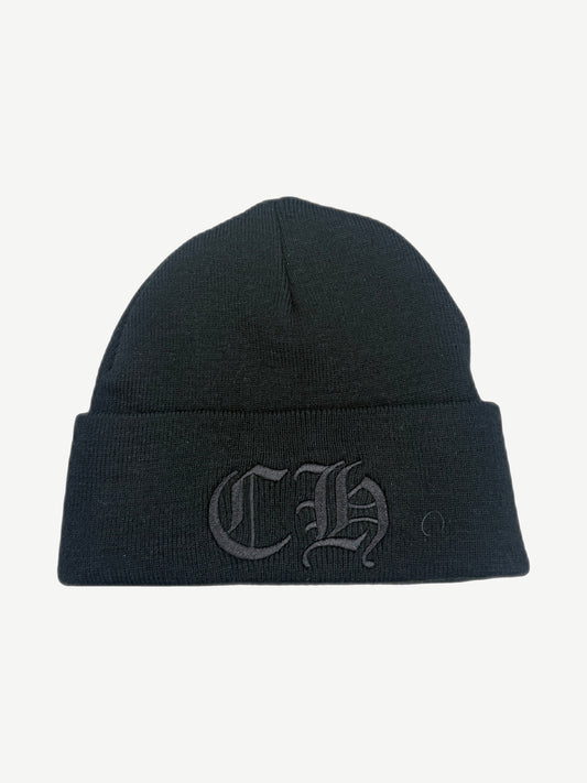 Chrome Hearts black knit cuffed beanie front view with tonal black gothic CH embroidered on the folded cuff.