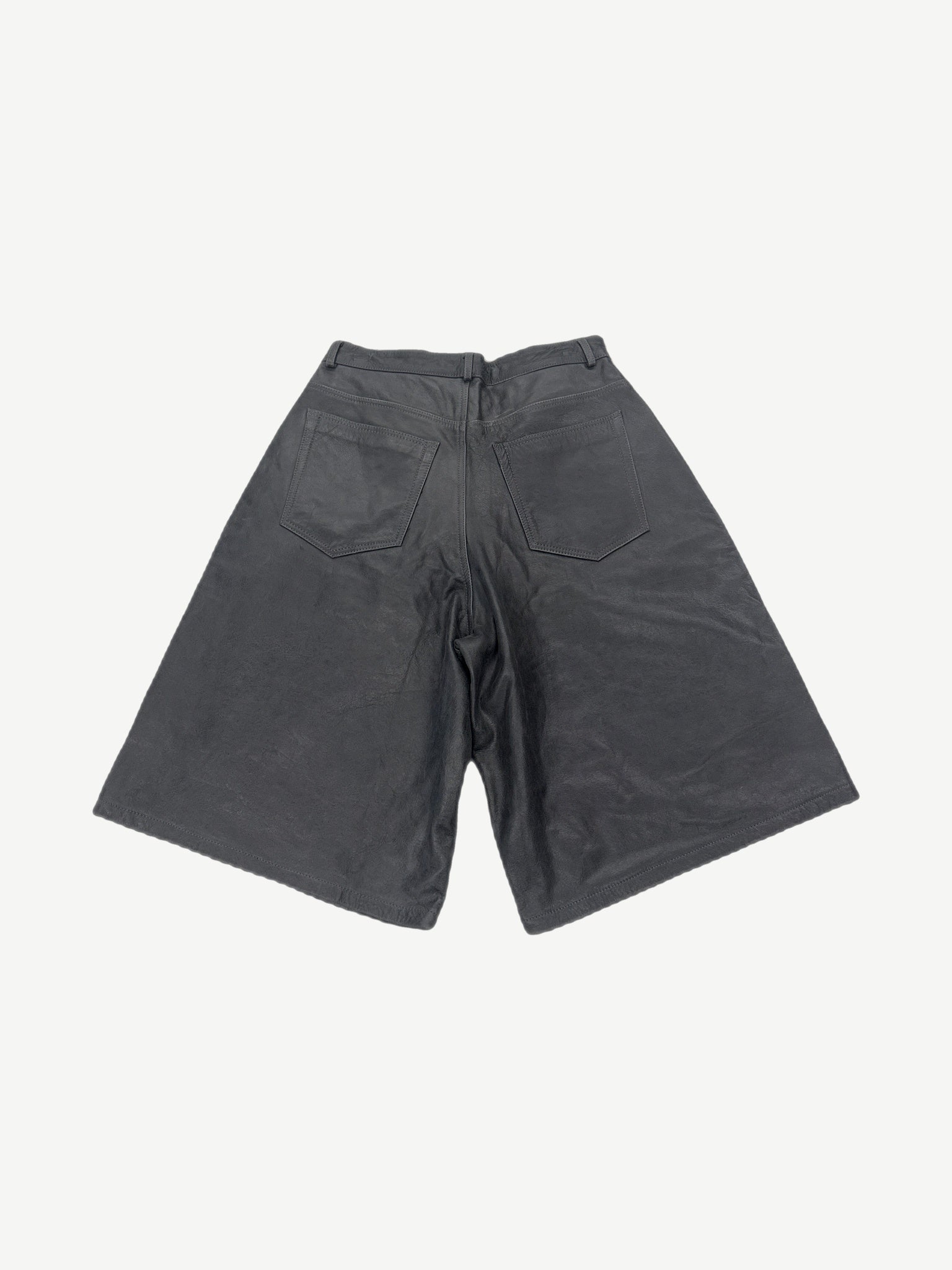GV Gallery Raspberry Hills black leather shorts back view, clean panel construction and relaxed knee-length cut
