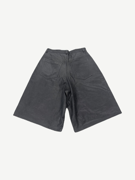 GV Gallery Raspberry Hills black leather shorts back view, clean panel construction and relaxed knee-length cut
