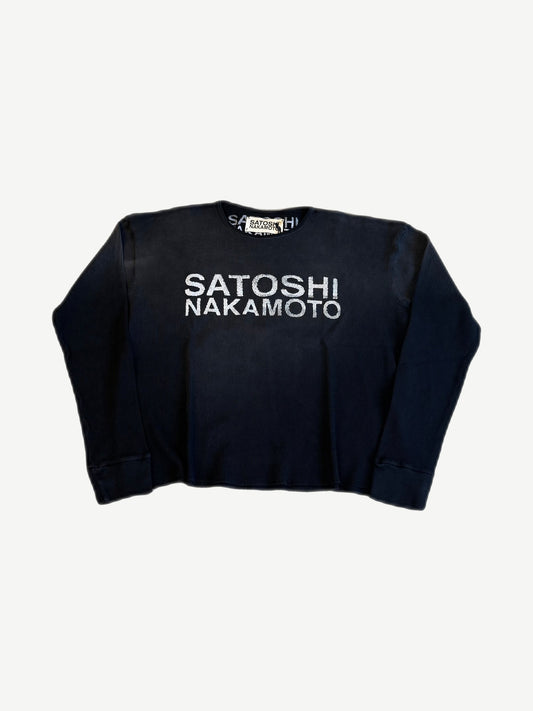 Satoshi Nakamoto black thermal waffle knit longsleeve front with white stacked Satoshi Nakamoto logo.
