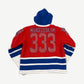 Murd333r FM Swamp Angels jersey hoodie back view with bold lettering and stripe trim on red sleeves.