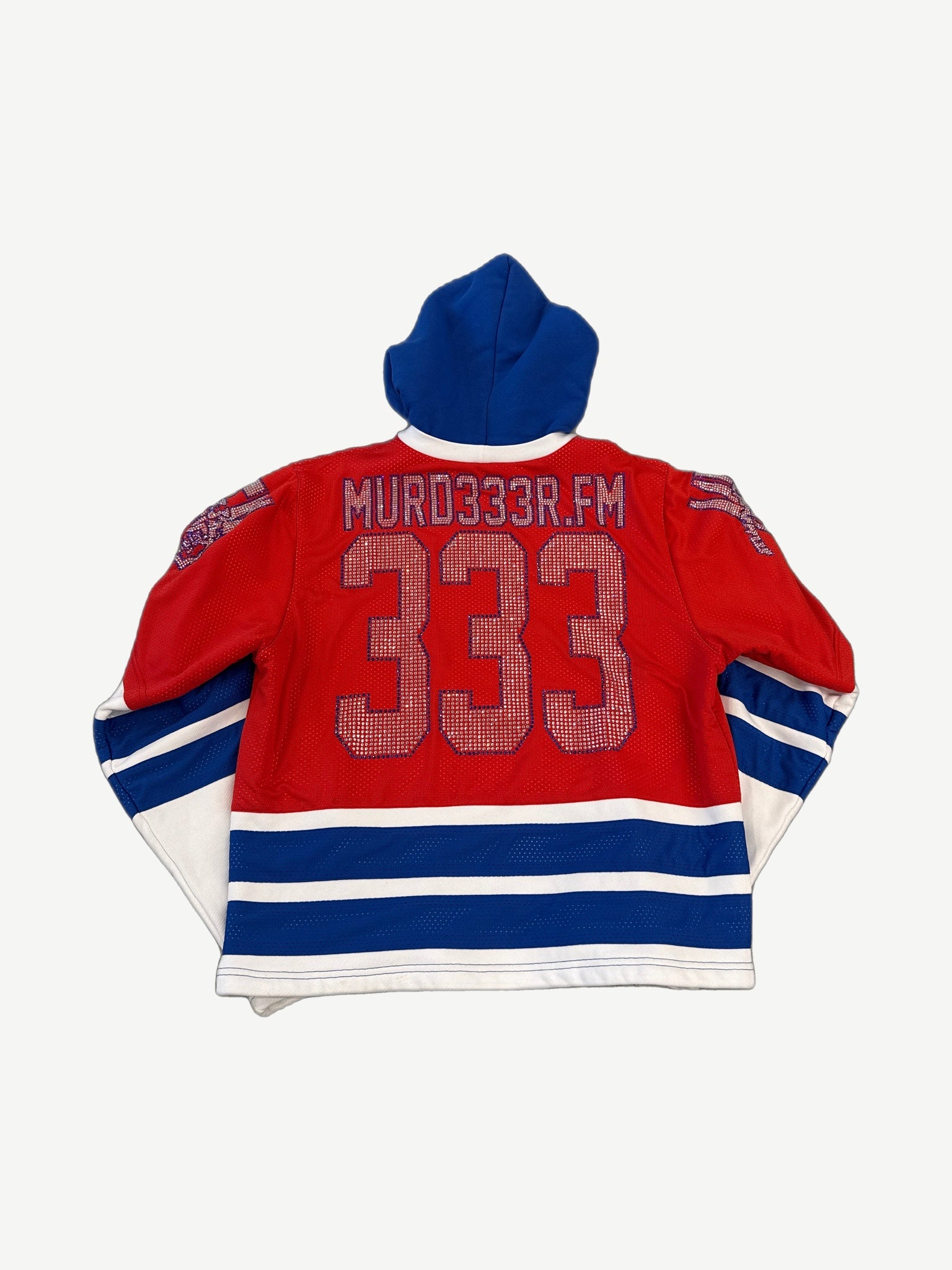 Murd333r FM Swamp Angels jersey hoodie back view with bold lettering and stripe trim on red sleeves.