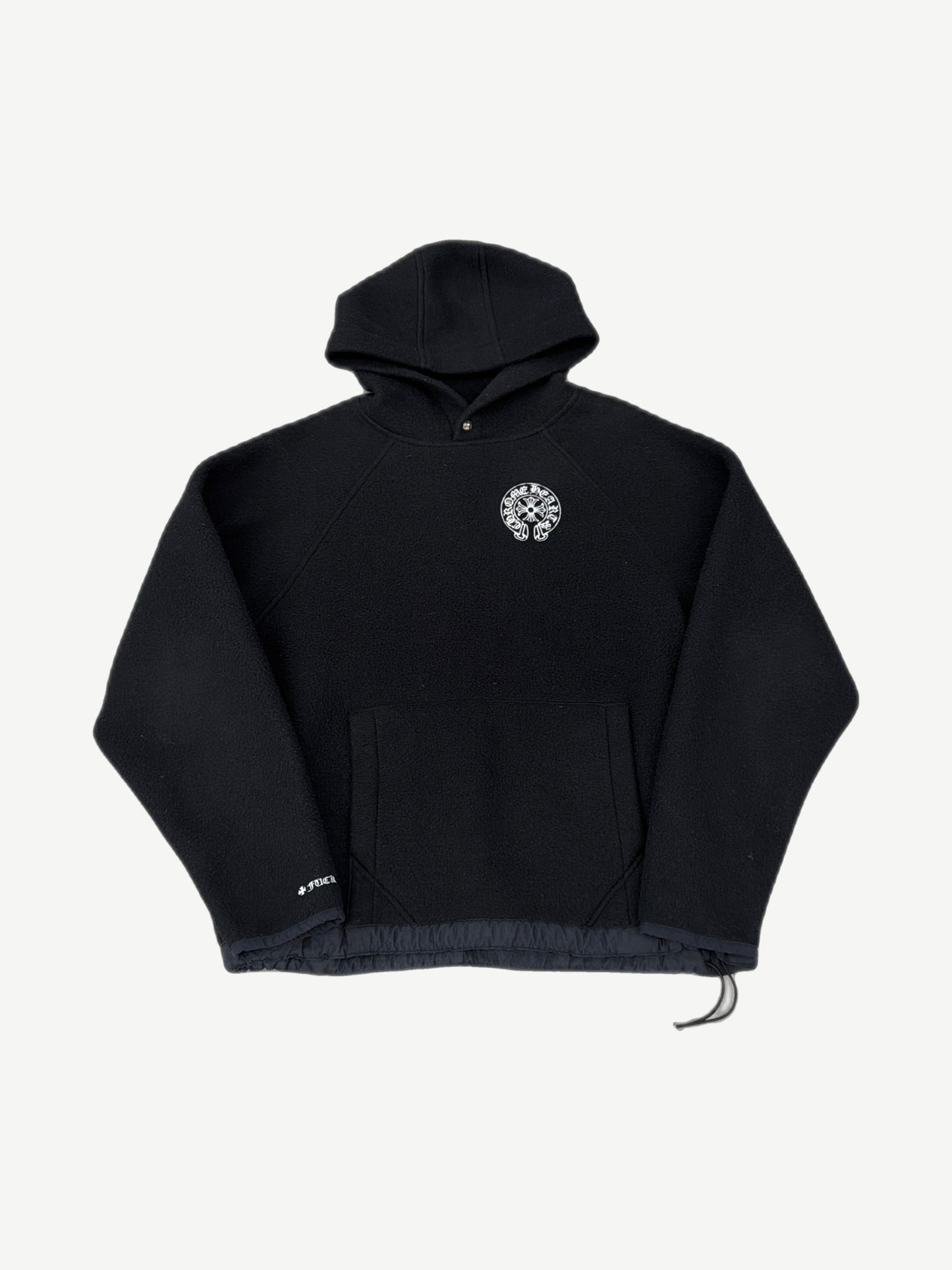 Chrome Hearts black polar fleece hoodie front, embroidered horseshoe logo on plush sherpa fabric