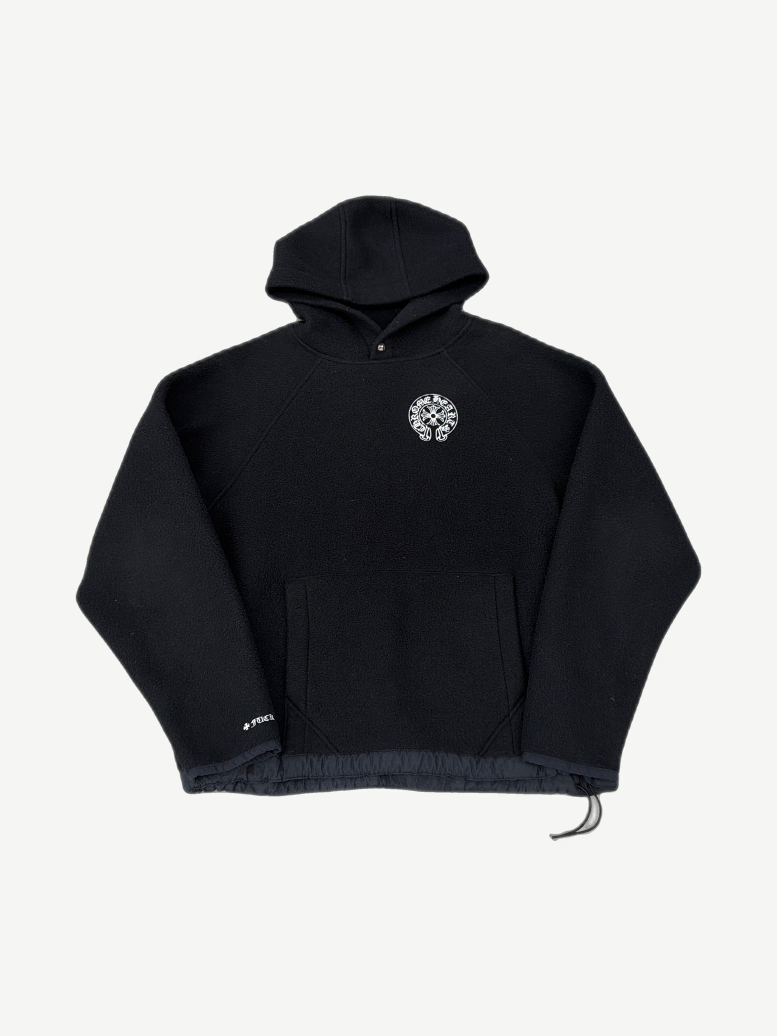 Chrome Hearts black polar fleece hoodie front, embroidered horseshoe logo on plush sherpa fabric