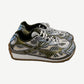 Bottega Veneta Orbit sneakers side view in olive green, mirror silver chrome and white mesh on gum sole
