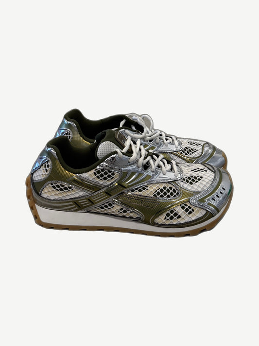 Bottega Veneta Orbit sneakers side view in olive green, mirror silver chrome and white mesh on gum sole