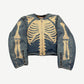 Kapital Bone Yard skeleton denim motocross jacket with cream ribcage embroidery on blue denim front