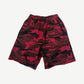 Happy Memories Don't Die red and black camo sweat shorts rear view with single back pocket