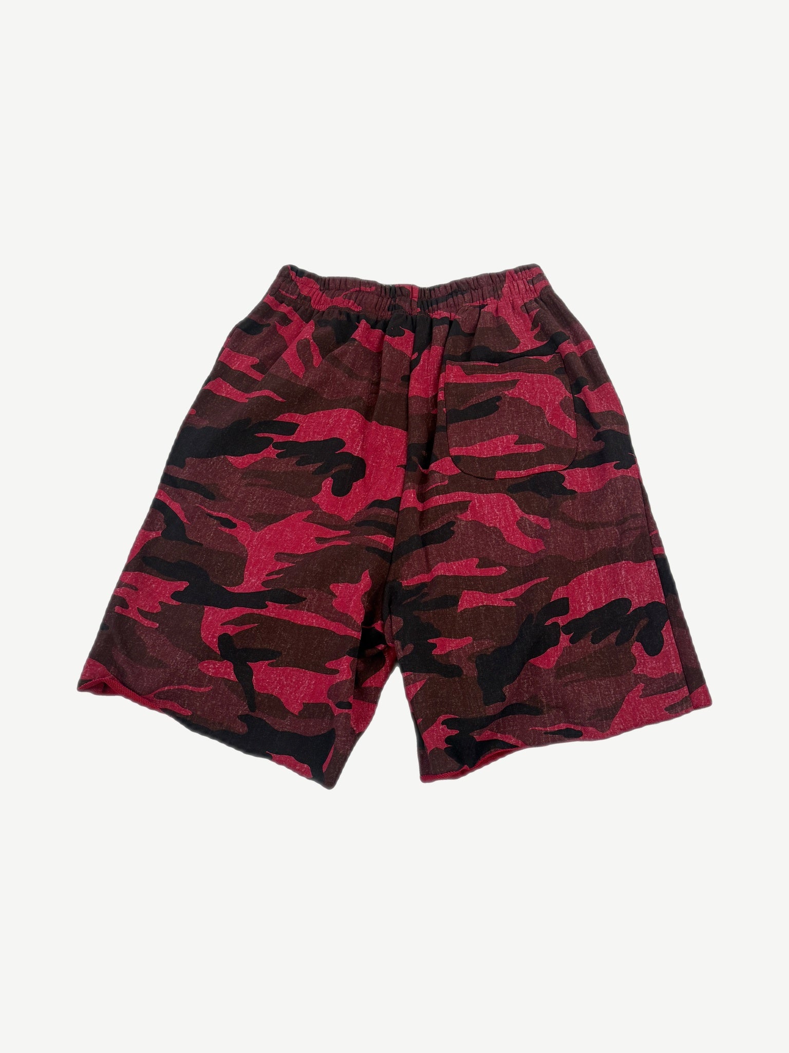 Happy Memories Don't Die red and black camo sweat shorts rear view with single back pocket