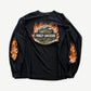 Vintage Harley Davidson longsleeve in black with chest motor logo and flame graphics on sleeves.