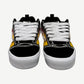 Custom Vans Knu Skool pair view showing rhinestone flame jazz stripe and white midsole detail