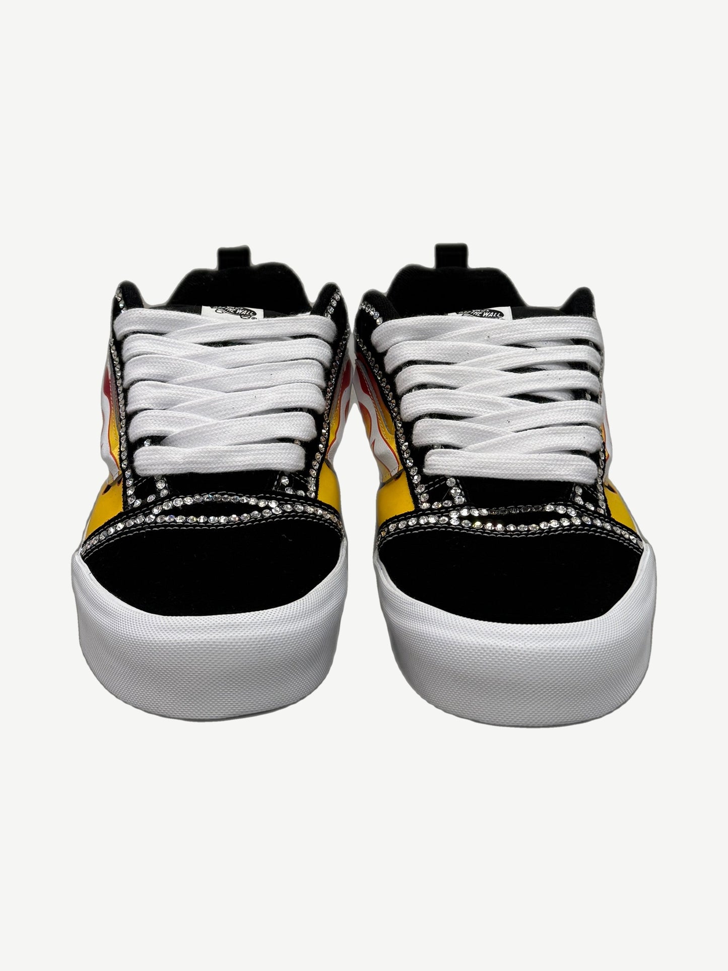 Custom Vans Knu Skool pair view showing rhinestone flame jazz stripe and white midsole detail