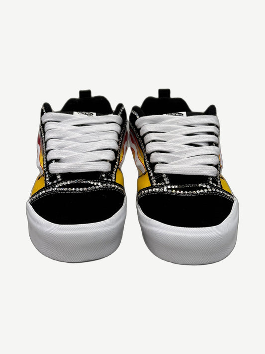 Custom Vans Knu Skool pair view showing rhinestone flame jazz stripe and white midsole detail