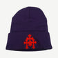 Chrome Hearts purple knit beanie with red triple cross embroidery on folded cuff, front view