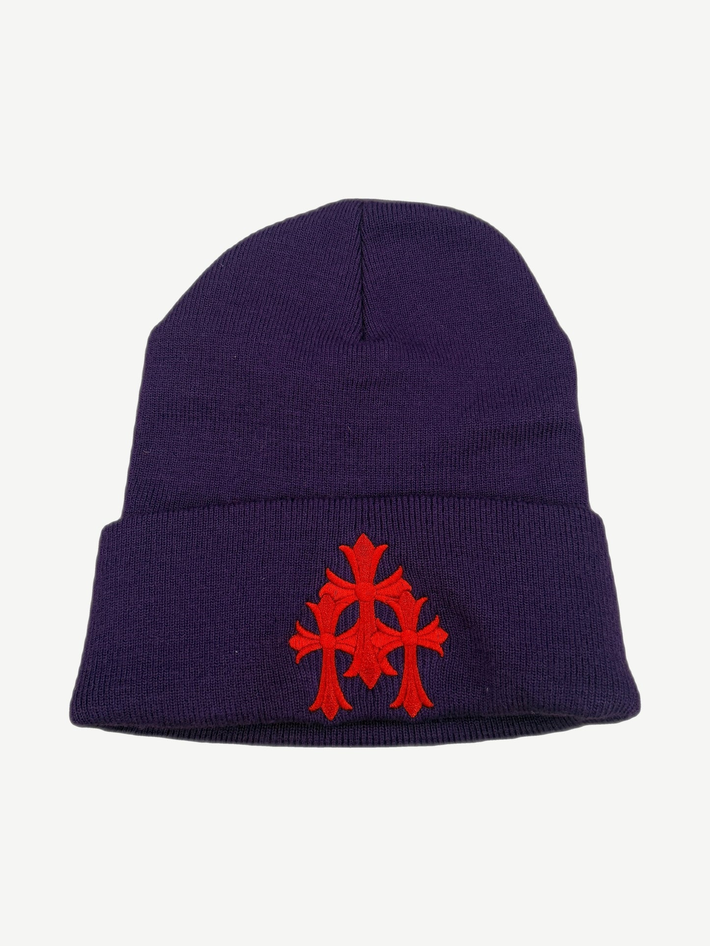 Chrome Hearts purple knit beanie with red triple cross embroidery on folded cuff, front view