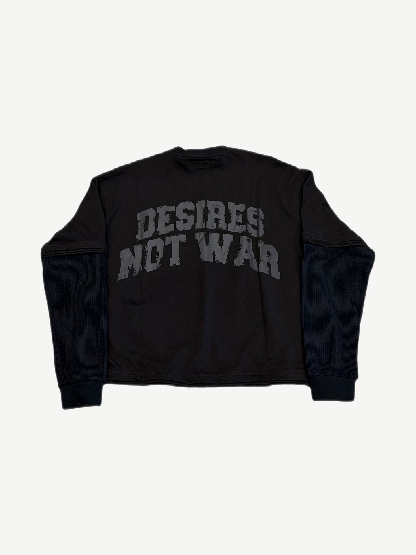 Bottega Desires black longsleeve back with DESIRES NOT WAR collegiate print and ribbed sleeves