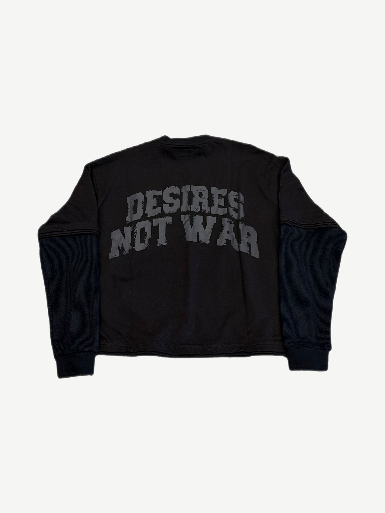 Bottega Desires black longsleeve back with DESIRES NOT WAR collegiate print and ribbed sleeves