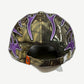Living Product camo cap rear view with purple flame embroidery and adjustable strap closure