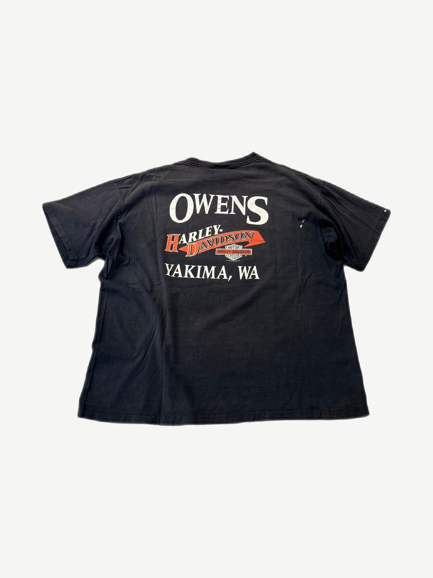 Vintage Harley Davidson Stateside Pride black tee back with Owens Yakima WA dealer text and orange shield logo