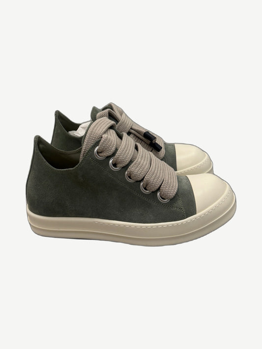 Rick Owens celadon green suede low sneakers side view with cream rubber cap toe and chunky jumbo laces