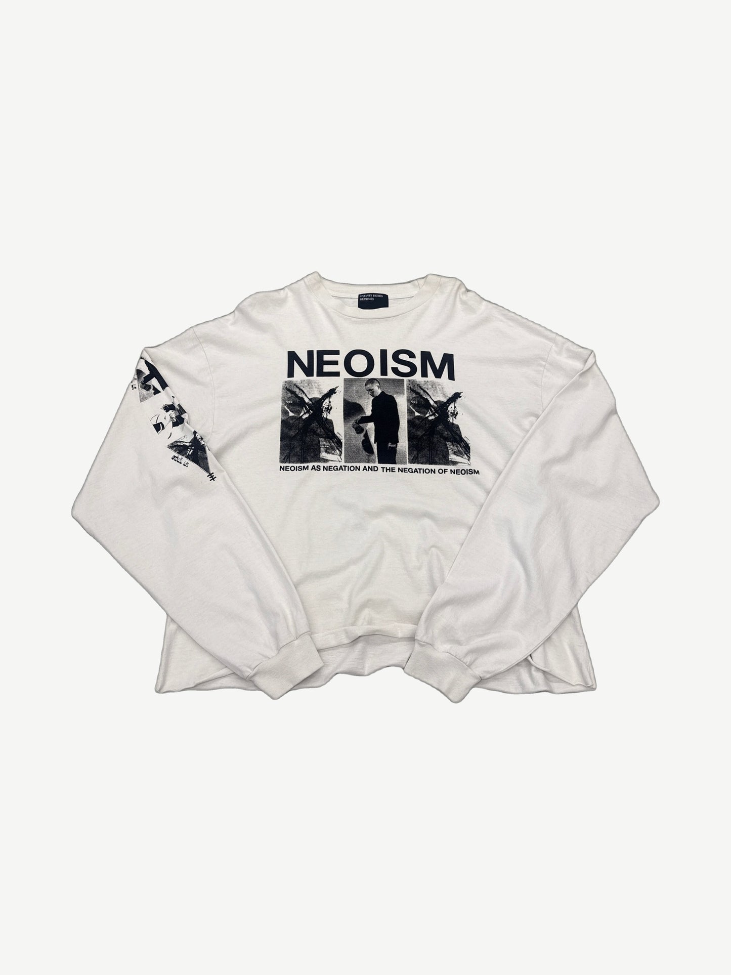 Enfants Riches Deprimes white Neoism longsleeve with distressed black Neoism graphic print across chest.