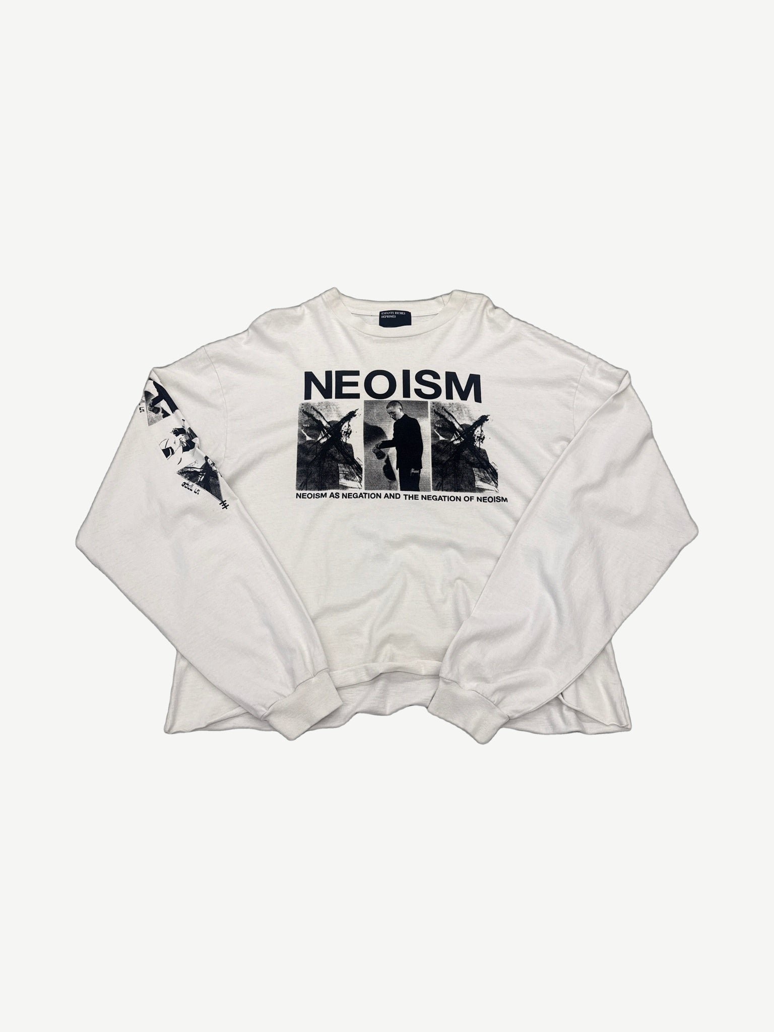 Enfants Riches Deprimes white Neoism longsleeve with distressed black Neoism graphic print across chest.