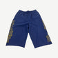 HMDD navy 3/4 sweat shorts with distressed gray and yellow varsity letters running down each leg.