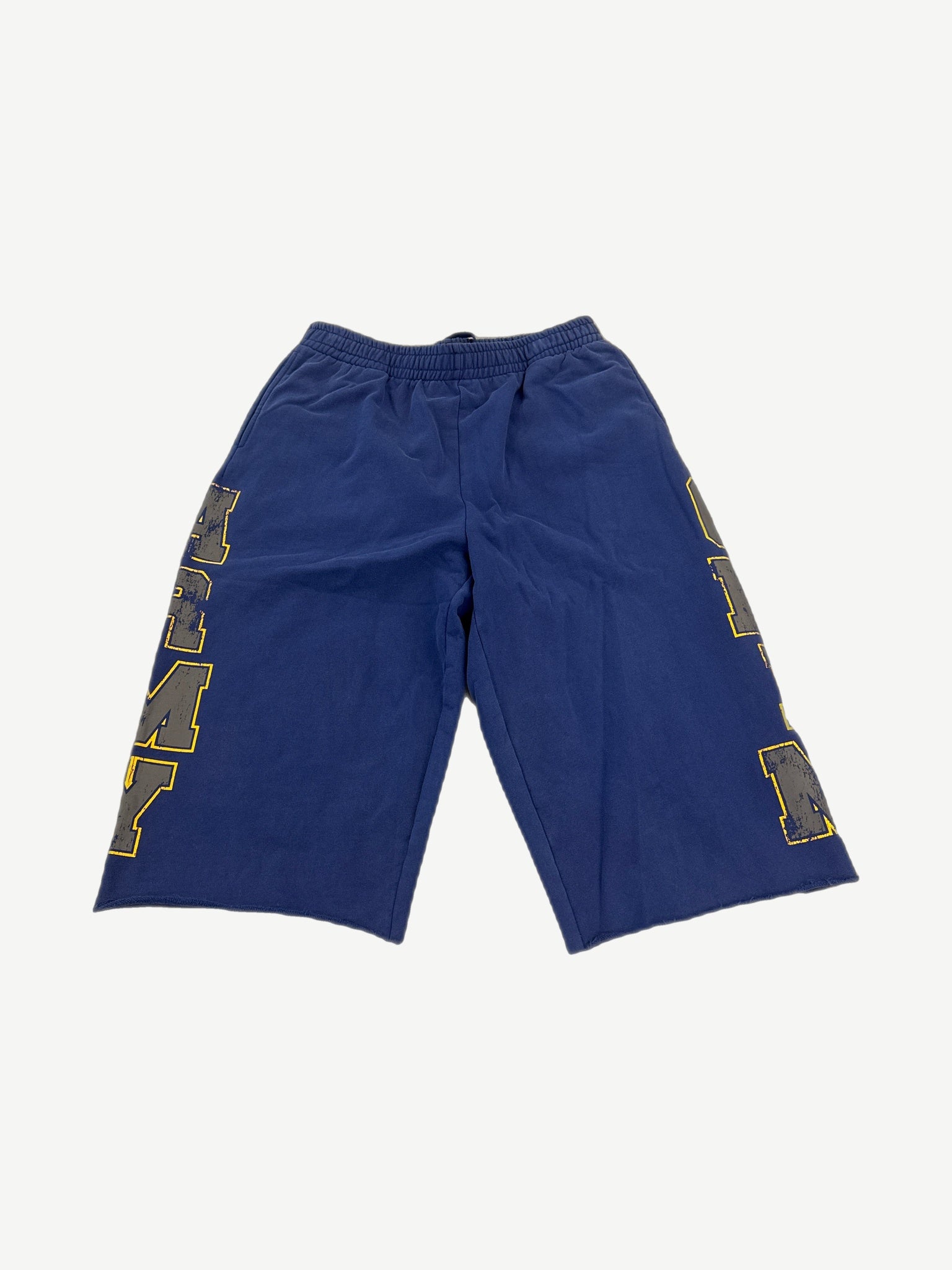 HMDD navy 3/4 sweat shorts with distressed gray and yellow varsity letters running down each leg.