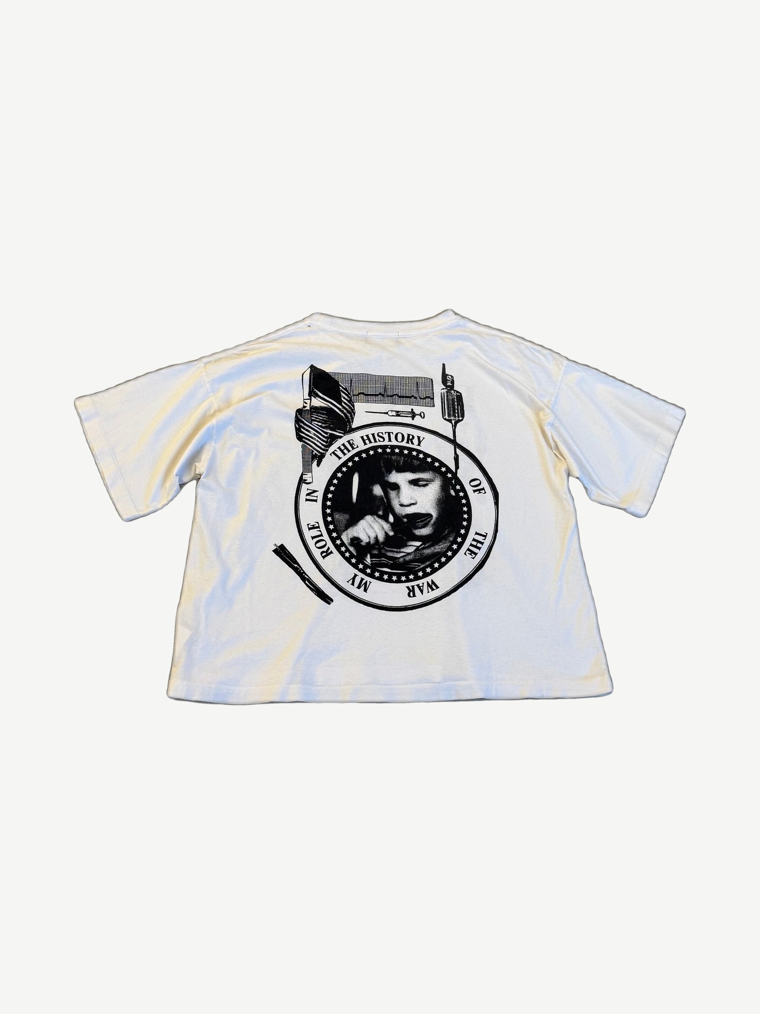 ERD white My Role in the History of the War tee back with circular star border and child portrait print