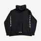 Chrome Hearts black vertical logo hoodie back view with scroll label print at hem and sleeve text.
