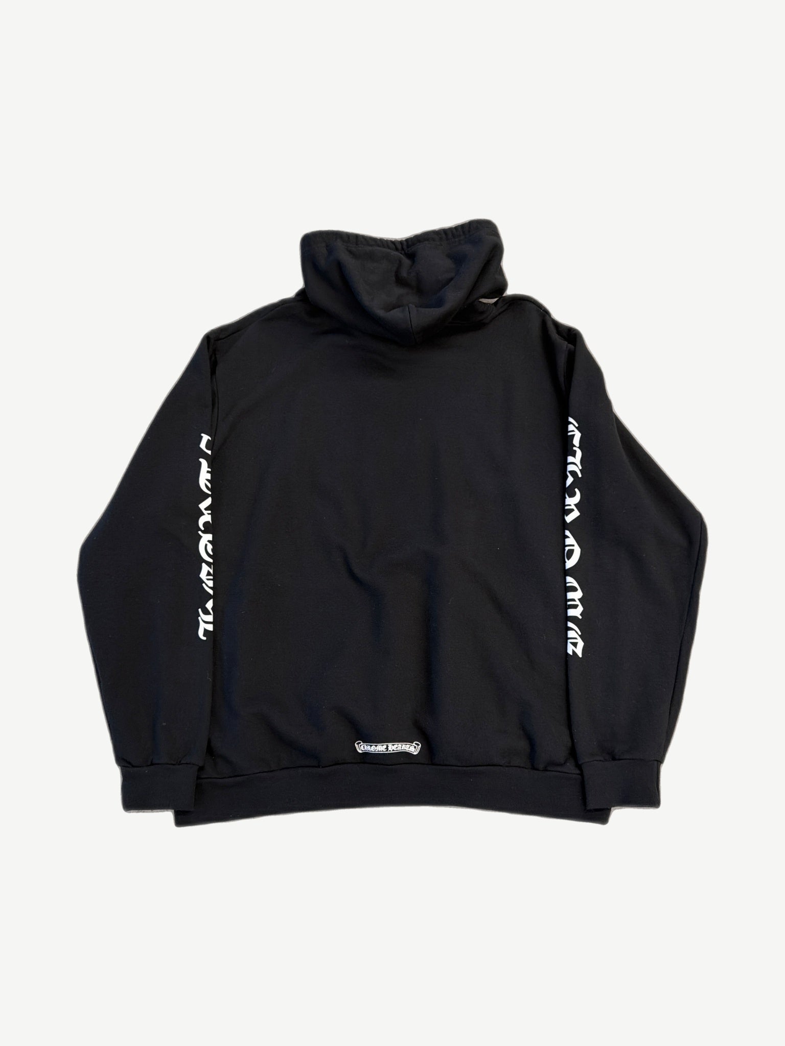 Chrome Hearts black vertical logo hoodie back view with scroll label print at hem and sleeve text.