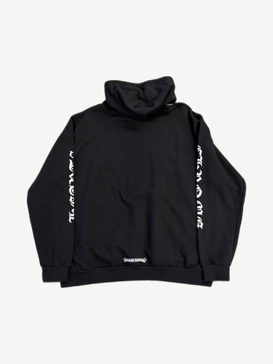 Chrome Hearts black vertical logo hoodie back view with scroll label print at hem and sleeve text.