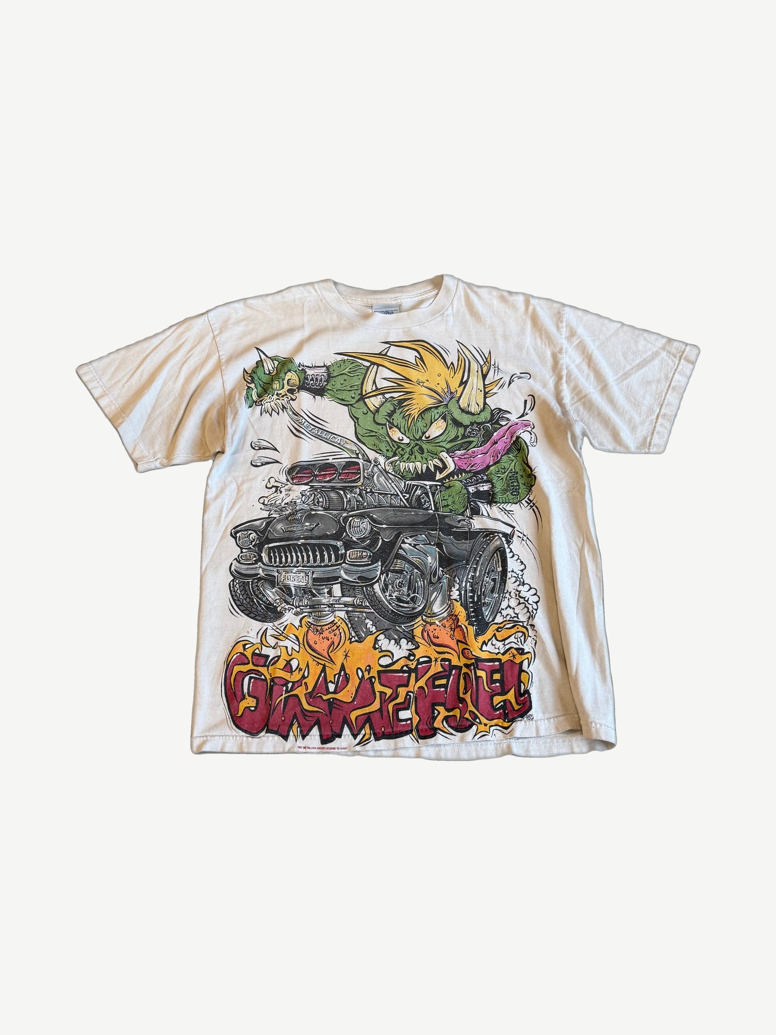 Vintage Metallica Gimme Fuel cream tee with hot rod monster graphic, flame letters and oversized front print