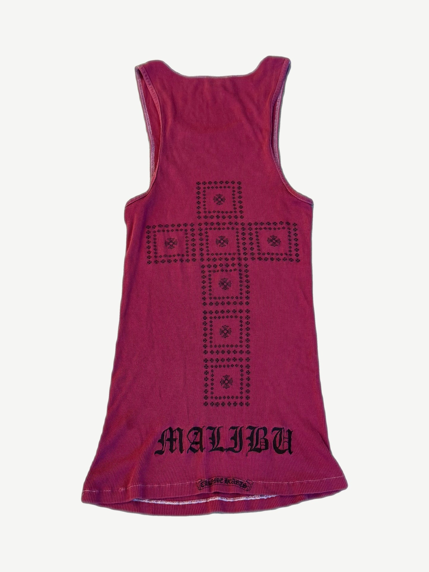 Chrome Hearts Malibu burgundy tank back with large rhinestone cross graphic and Old English Malibu print