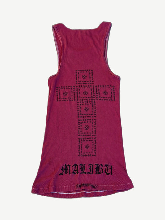 Chrome Hearts Malibu burgundy tank back with large rhinestone cross graphic and Old English Malibu print
