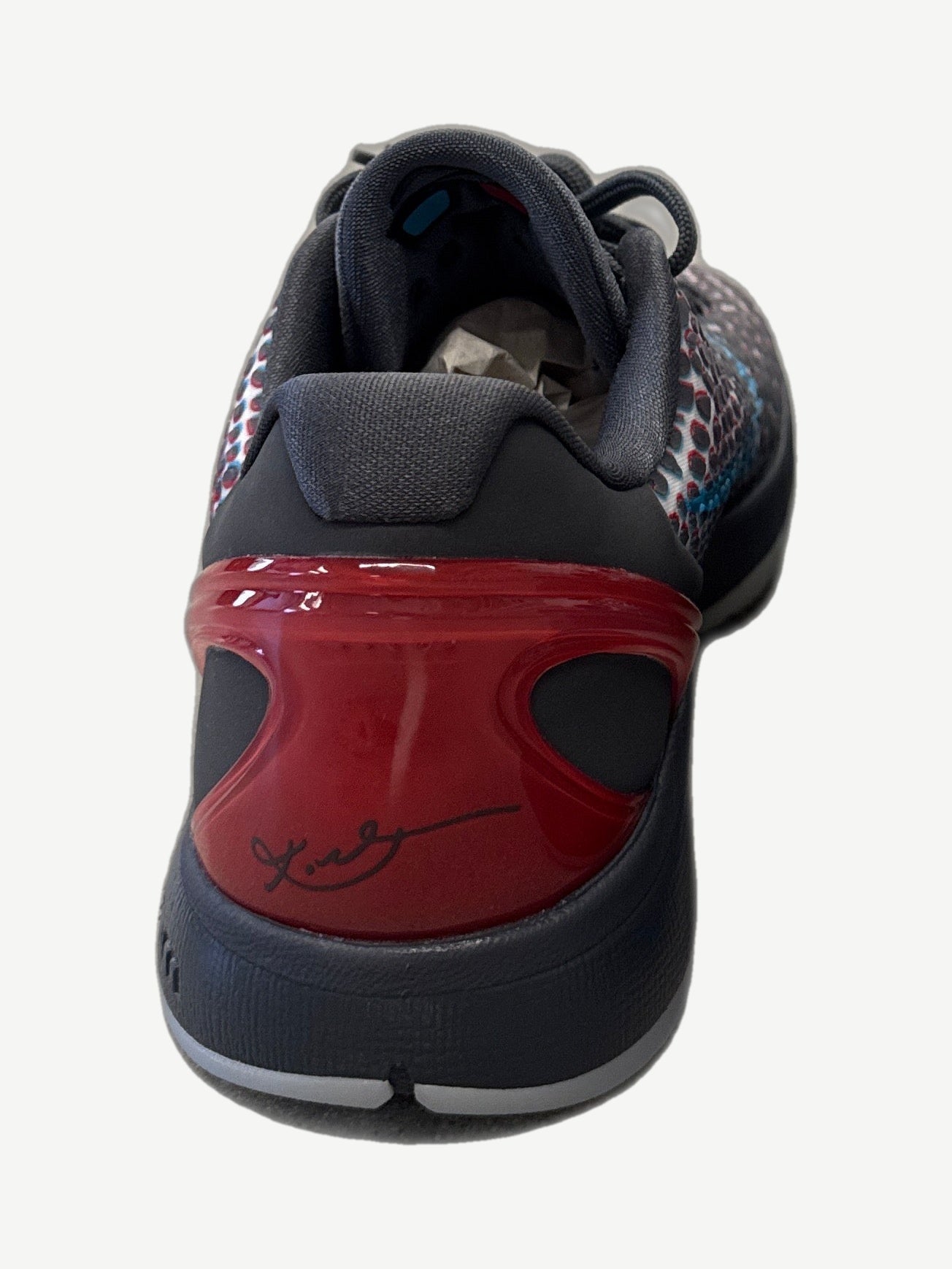Nike Kobe 6 Protro ASG Hollywood 3D heel view, glossy red TPU panel with Kobe Bryant signature, gray midsole.