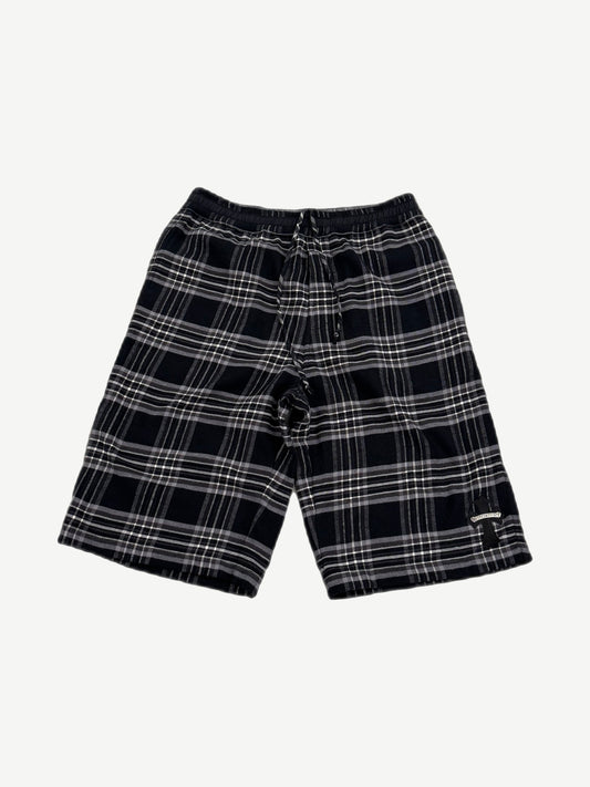 Chrome Hearts After School flannel shorts front, black and grey plaid with leather cross patch